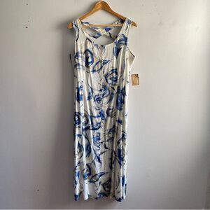 NWT Coldwater Creek white blue abstract floral print linen cross back maxi dress